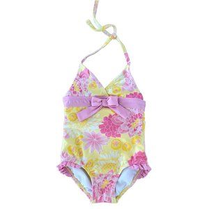 Janie & Jack | Pink & Yellow Floral Ruffled One-Piece Swimsuit | Size 18-24M